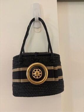 Black Woven Mini Bag with Gold Medallion and Tan Stripe